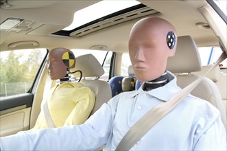 Family of crash test dummies in a car