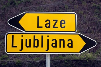 Signs towards Ljubljana or Laze along the Sava cycle trail