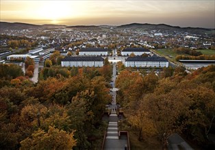 View from Juebergturms tower over Sauerlandpark in autumn and the city center of Hemer