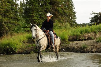 Cowgirl riding a gray horse through a river with splashing water