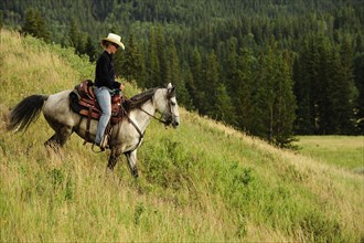 Cowgirl riding a gray horse through the prairie