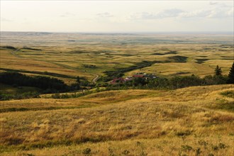 Hilly landscape of the prairie with a cattle ranch