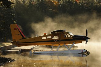 Seaplane on Smoke Lake in the morning mist