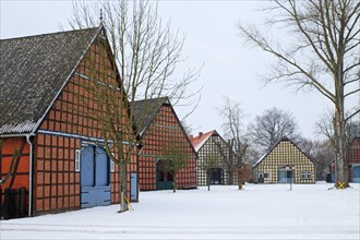 Historic Lower Saxon half-timbered houses in rundling village of Satemin