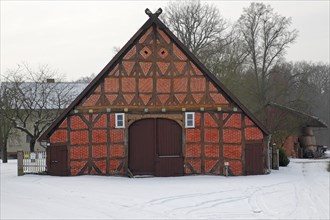 Historic Lower Saxon half-timbered house at rundling village of Breese im Bruche