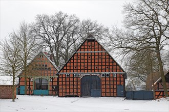 Historic Lower Saxon half-timbered houses in rundling village of Jabel