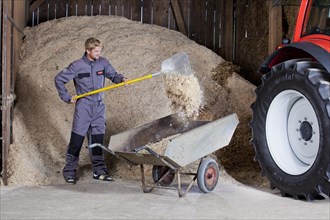 Young man shovelling sawdust into a wheelbarrow