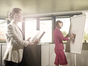 Woman reading a book and looking towards her colleague who is writing on a flip chart