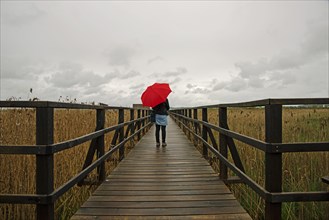Woman holding a red umbrella while standing on a wooden pier