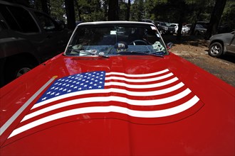 Red Plymouth Fury 67 with the U.S.-American flag painted on the hood