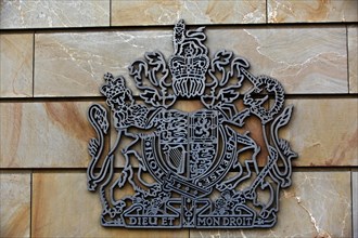 Coat of arms of the United Kingdom and the dominions of the British crown on the wall of the British Embassy in Berlin