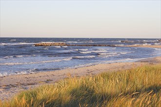 Views of the Schoenberger Strand beach and the Baltic Sea from the dike