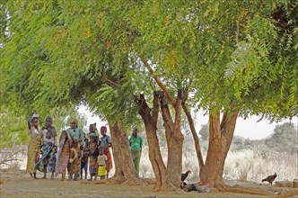 Girls standing under trees