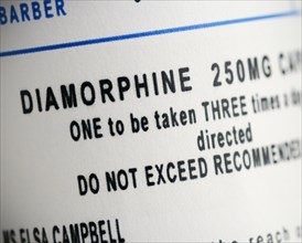 Label on a bottle of Diamorphine capsules