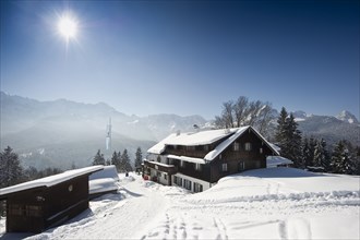 Snowy landscape and mountain inn