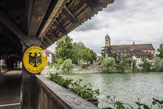Border sign on the longest covered wooden bridge in Europe