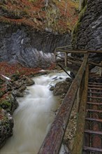 Wooden bridge and a waterfall in Baerenschuetzklamm gorge