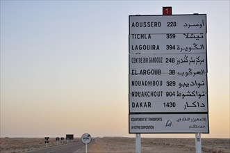 Distance information board towards Mauritania and Senegal