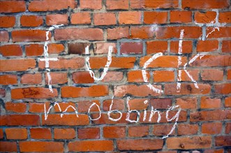 Words "Fuck mobbing" written with chalk on a school wall