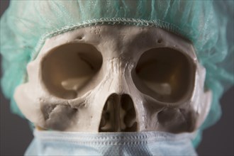 Skeleton dressed as a doctor with surgical mask and cap