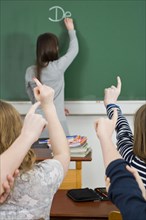 School children putting up their hands to answer in a classroom