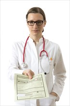 Female doctor holding a medical document of a consultation for the family doctor or attending physician of the patient