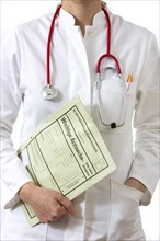 Female doctor holding a medical document of a consultation for the family doctor or attending physician of the patient
