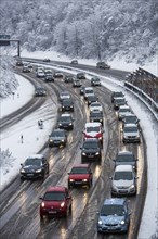 Traffic jam following snowfall on the A52 motorway between Essen and Duesseldorf