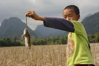 Laotian boy holding a rat by its tail