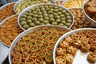 Baklava and other Turkish sweets in the shop window of Hafiz Mustafa