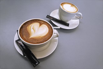 A large cup and a small cup of cappuccino with a heart shape in the milk foam