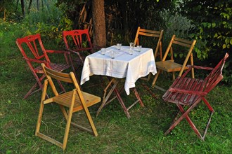 Garden table with glasses and chairs in the evening light