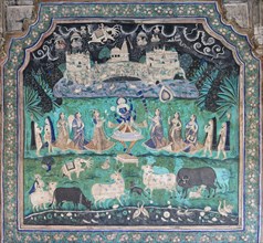 Pastoral god Krishna performing a miracle and lifting the Govardhan Mountain in the sky