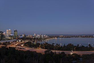Skyline of Perth and the Swan River at dusk