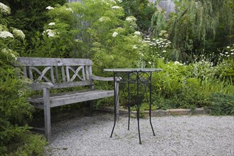 Old wooden sitting bench and bistro style table in a garden in summer