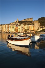 Fishing boats in the harbour in front of the historic town centre of Porto Venere