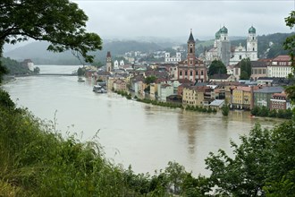 Historic town centre with the Parish Church of St. Paul and St. Stephen's Cathedral during the flood on 3rd June 2013
