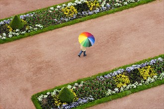 Person with an umbrella in rainbow colours on a red dirt road between flowerbeds in the Palace Gardens