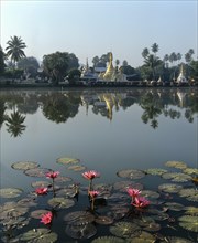 Chedis of Wat Chong Kham and Wat Chong Klang reflected in the Nong Jong Kham lake