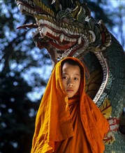 Buddhist novice in front of a Naga figure