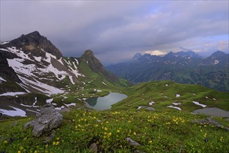Rappensee Lake with an alpine meadow and a panoramic view of the mountains