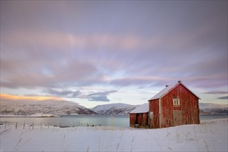 Red fishing hut before fjord in winter landscape