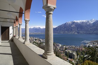 View from the terrace of the Sanctuary of the Madonna del Sasso or Our Lady of the Rock over Locarno and Lake Maggiore