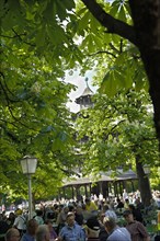 Beer garden at the Chinese Tower with blossoming chestnut trees