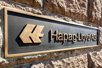 Logo and signage at the headquarters of the transport and logistics company Hapag-Lloyd AG