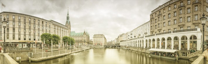 Panorama of Little Lake Alster with City Hall and the Alster Arcades