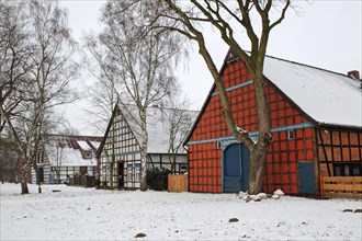 Historic Lower Saxon half-timbered houses at rundling village of Satemin