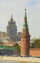 Tower of Moscow Kremlin in front of building of Ministry of Foreign Affairs