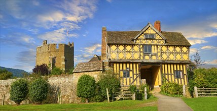 The half-timbered gate house of the finest existing fortified medieval manor house in England built in the 1280s