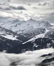 View of snow-covered main Alpine ridge with Grossvenediger
